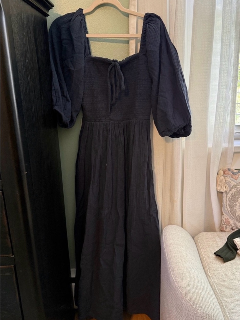Quince navy Puff-Sleeve Smocked Maxi Dress